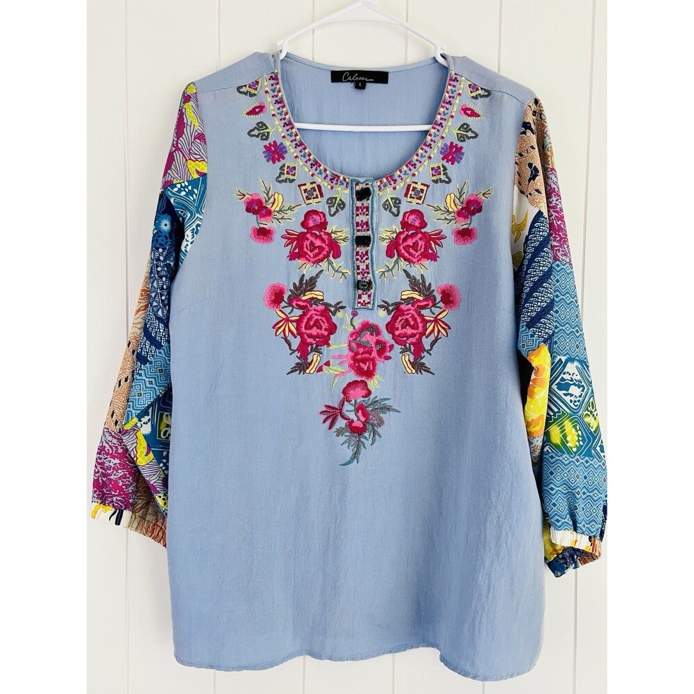 Gorgeous Calesas Blue Floral Embroidered 100% Cotton Blouse Boho Festival Large